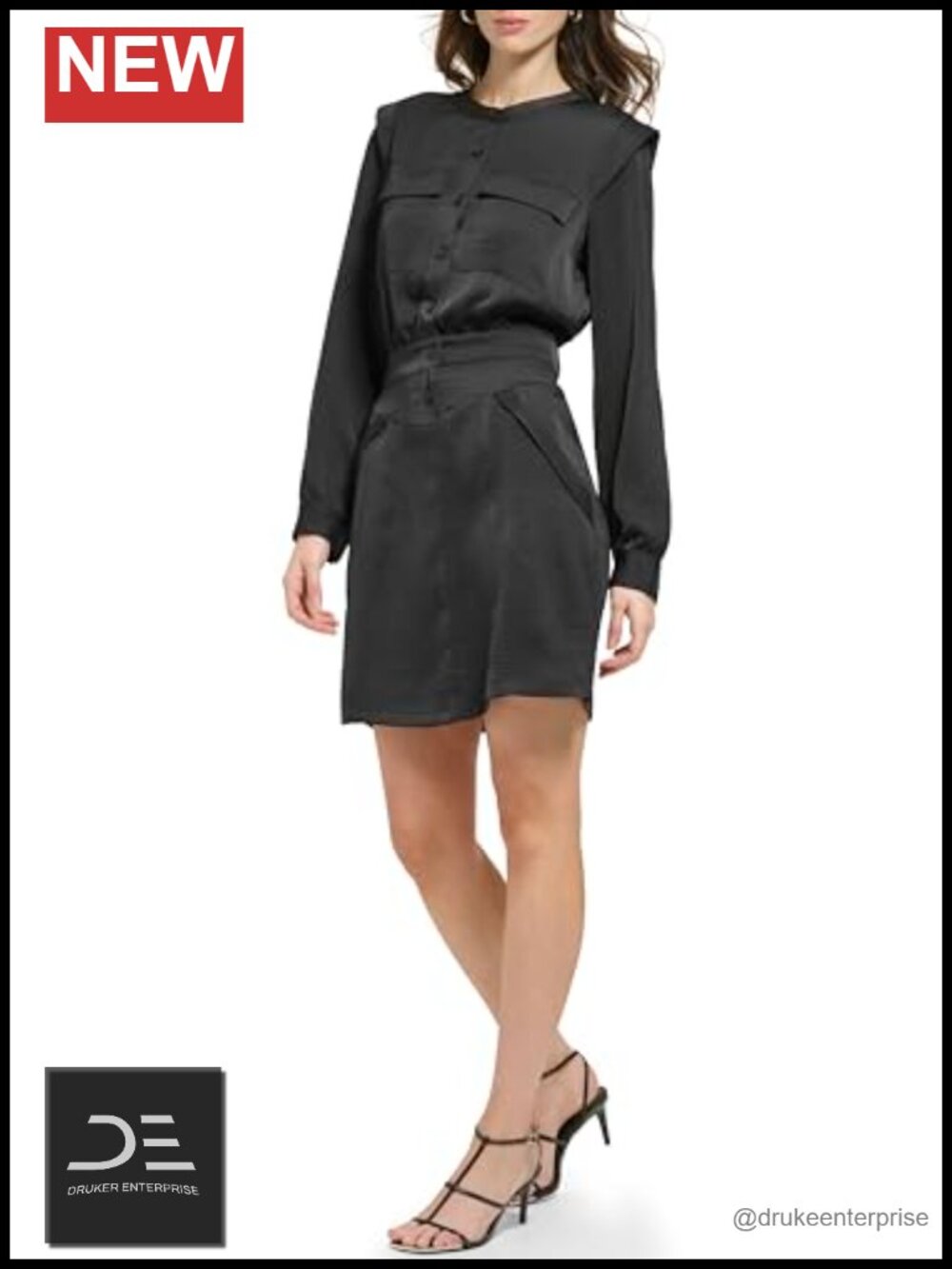 DKNY Short Button Front Long Sleeve Dress with Pockets